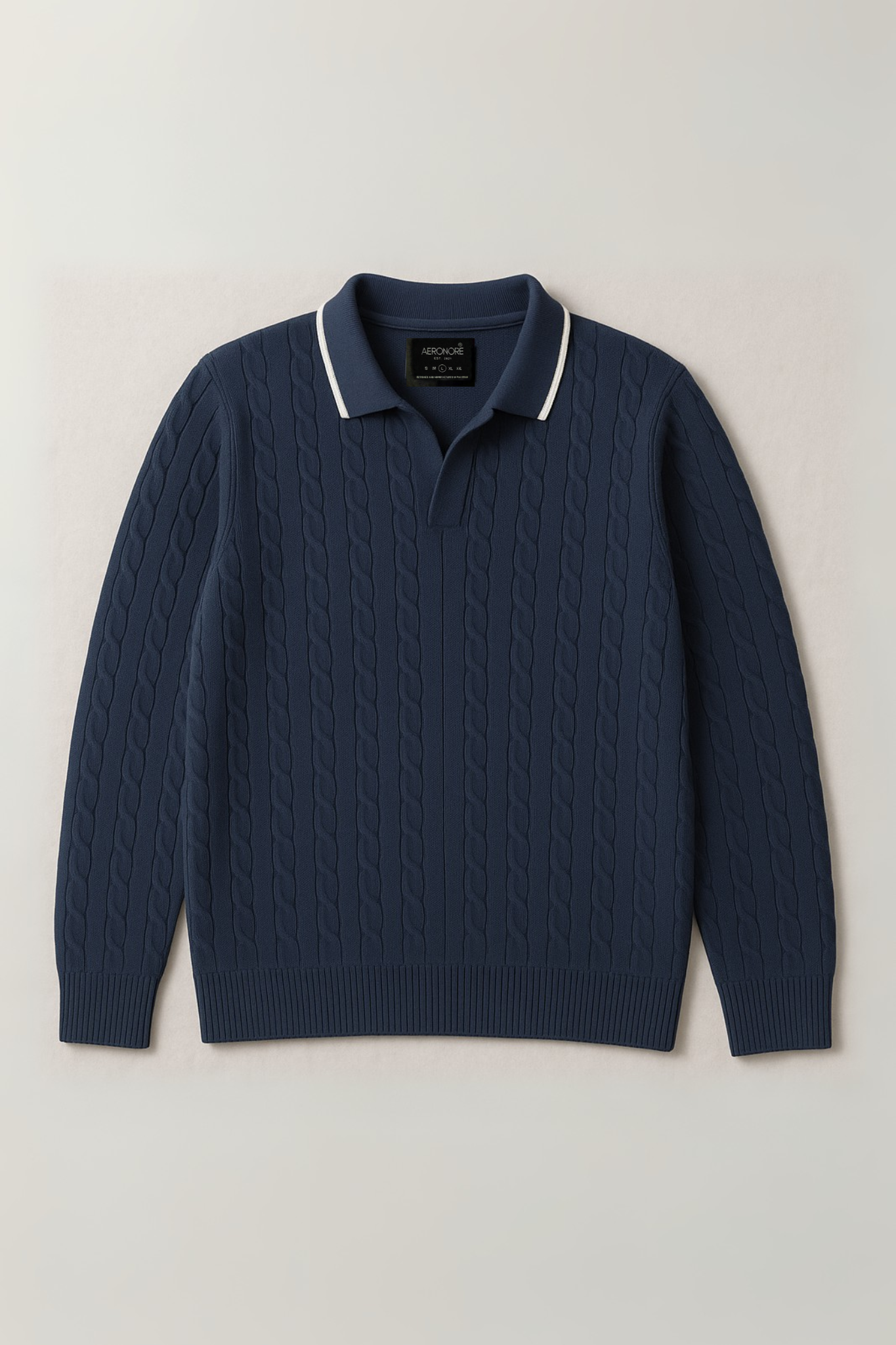 Cable Knit Full Polo - Royal Navy