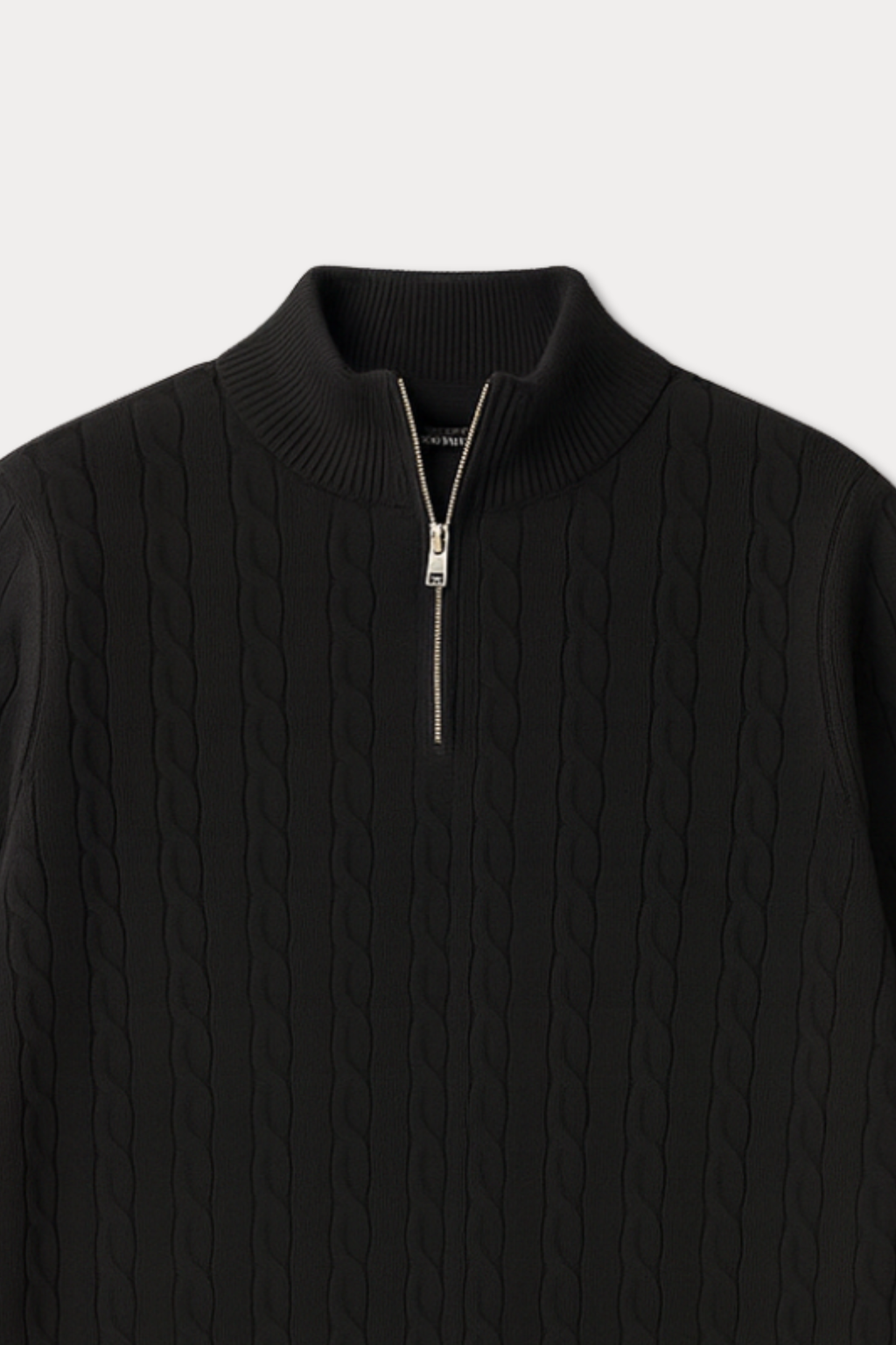 Cable Knit Wool Half Zip Sweater - Midnight Black