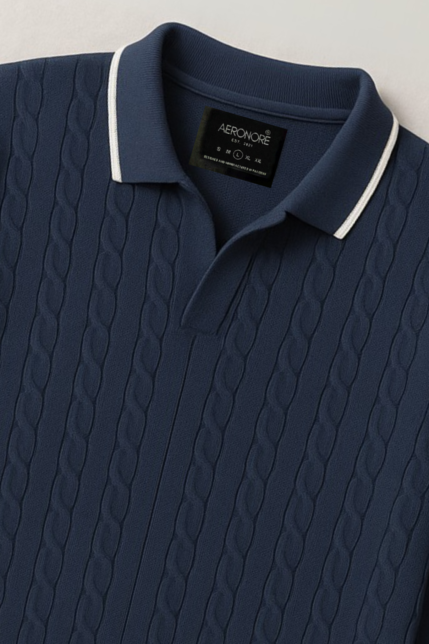 Cable Knit Full Polo - Royal Navy