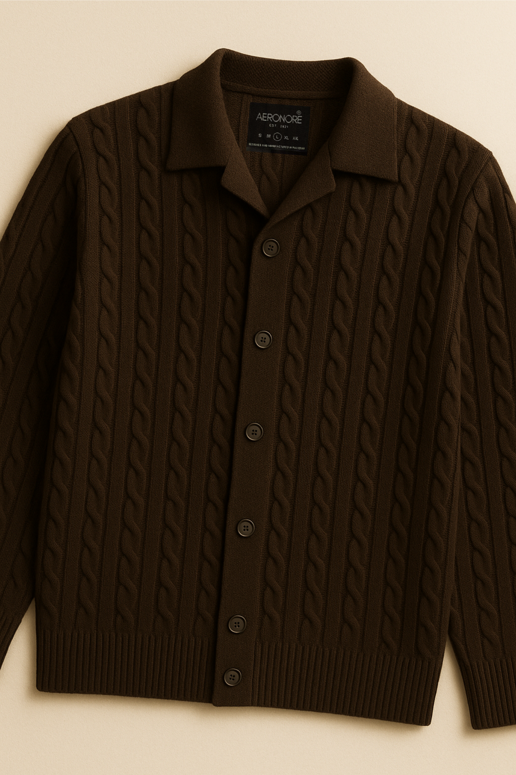 Wool Cable Knit Button Sweater - British Tan