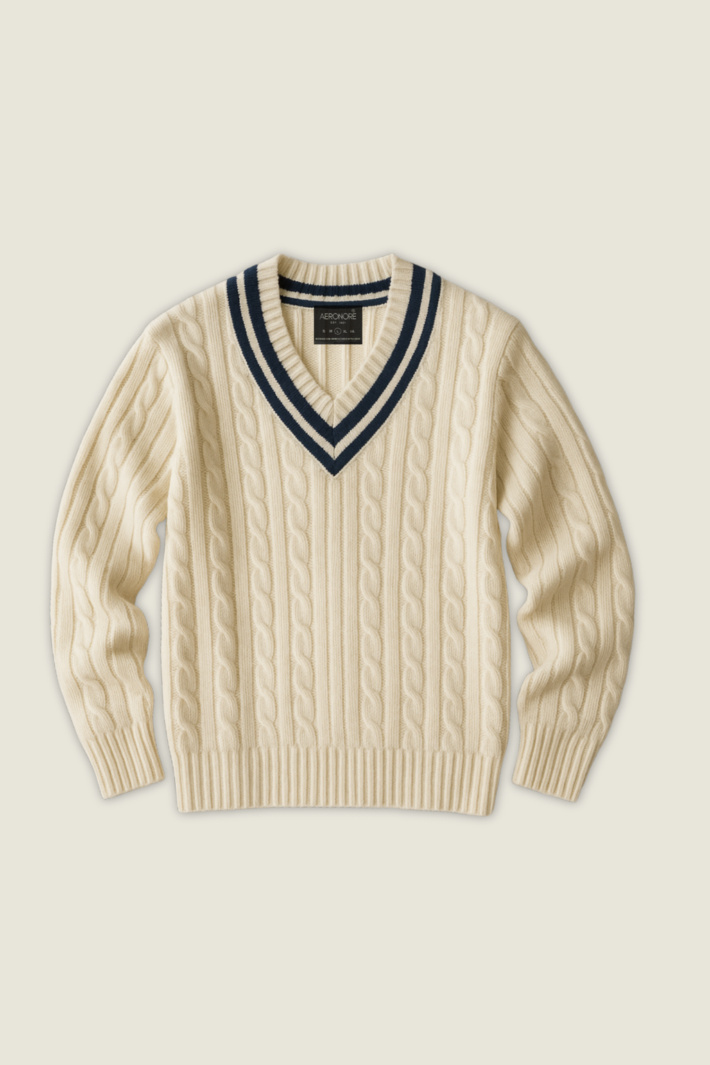Wool Cable Knit V Neck Sweater - Ivory