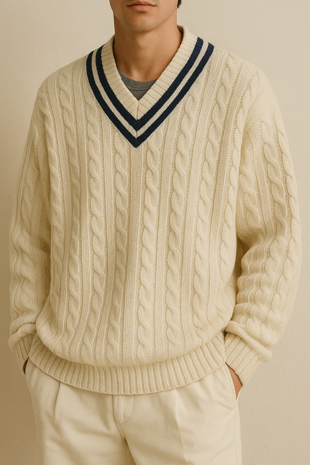 Wool Cable Knit V Neck Sweater - Ivory