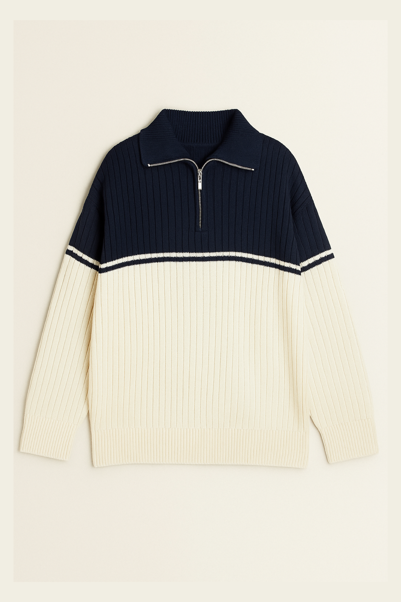 Wool Half-Zip Vertical Knit Sweater - Oxford