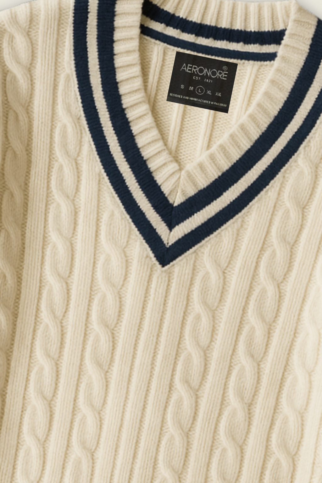 Wool Cable Knit V Neck Sweater - Ivory