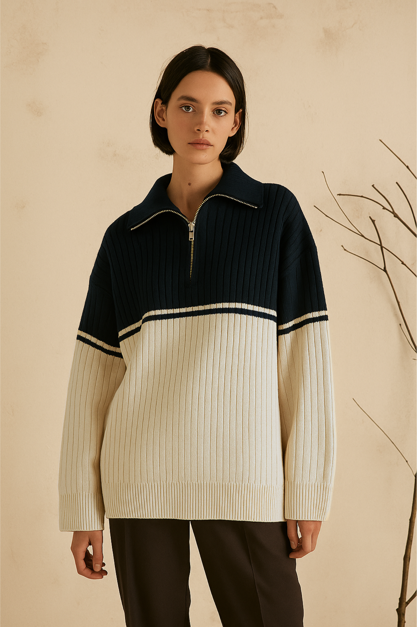 Wool Half-Zip Vertical Knit Sweater - Oxford