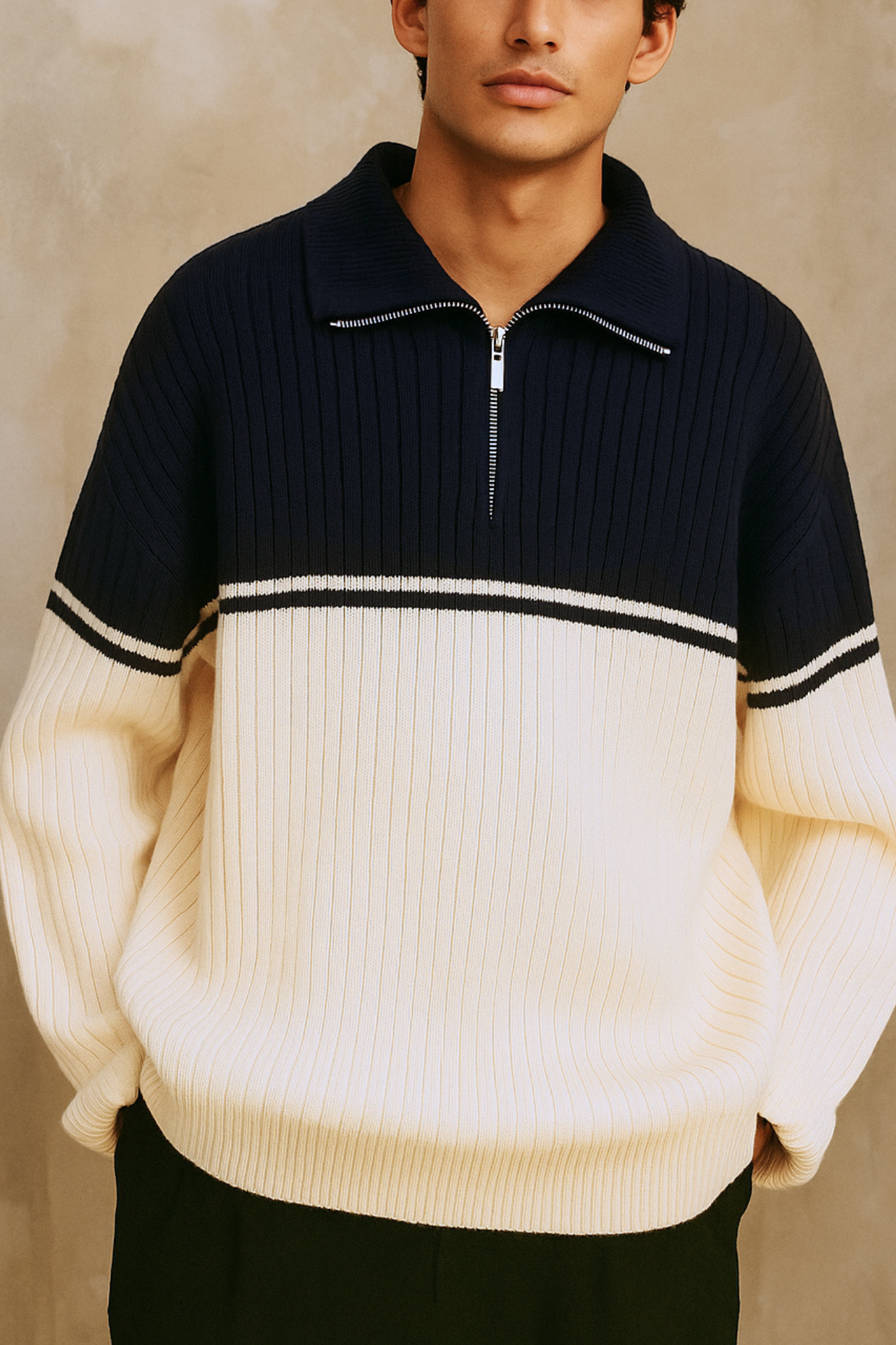 Wool Half-Zip Vertical Knit Sweater - Oxford