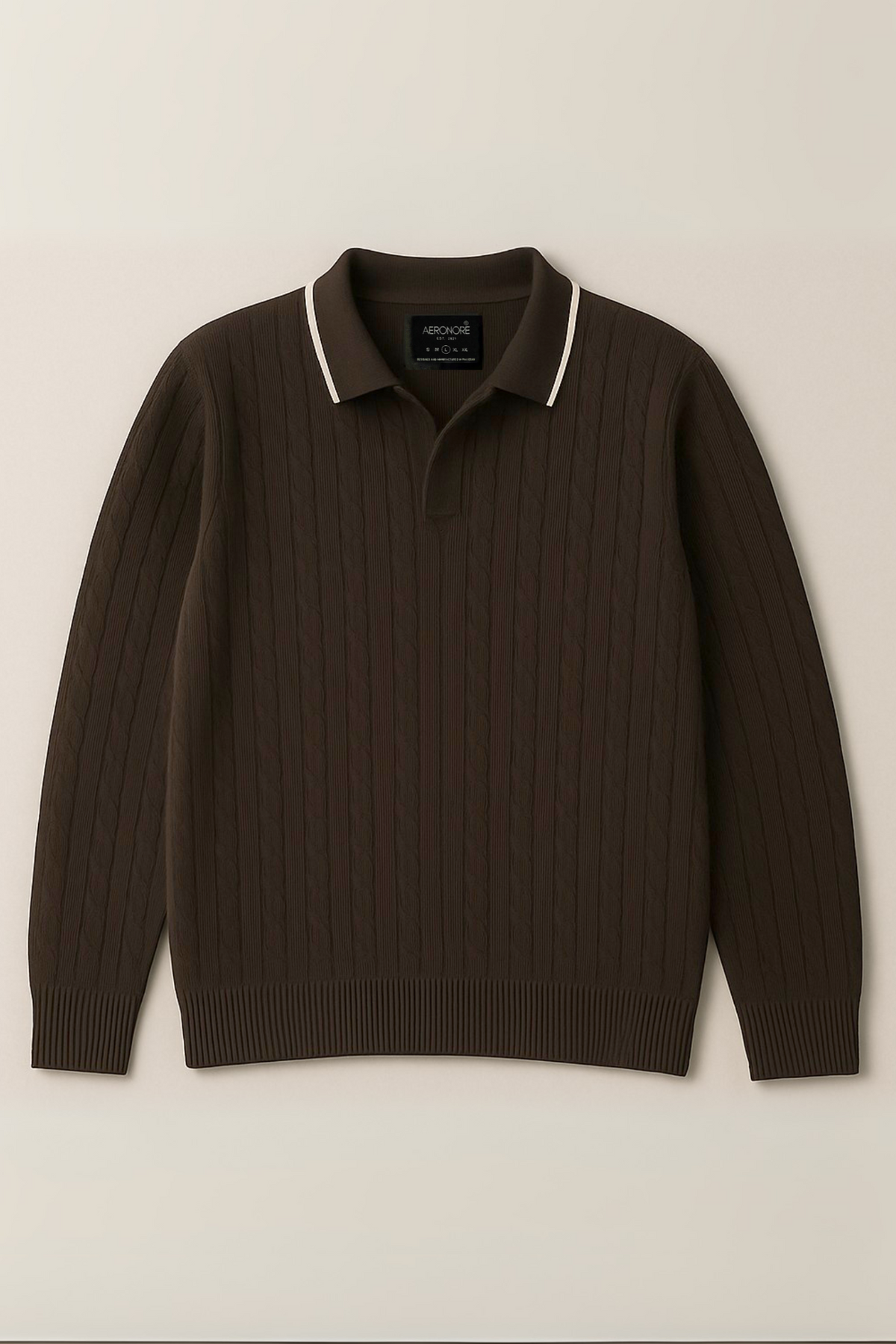Cotton Cable Knit Full Polo - Saddle Brown