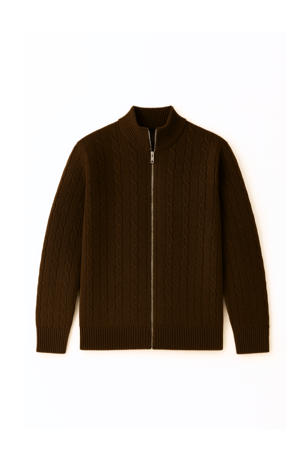 Cable Knit Wool Full Zip Sweater - British Tan
