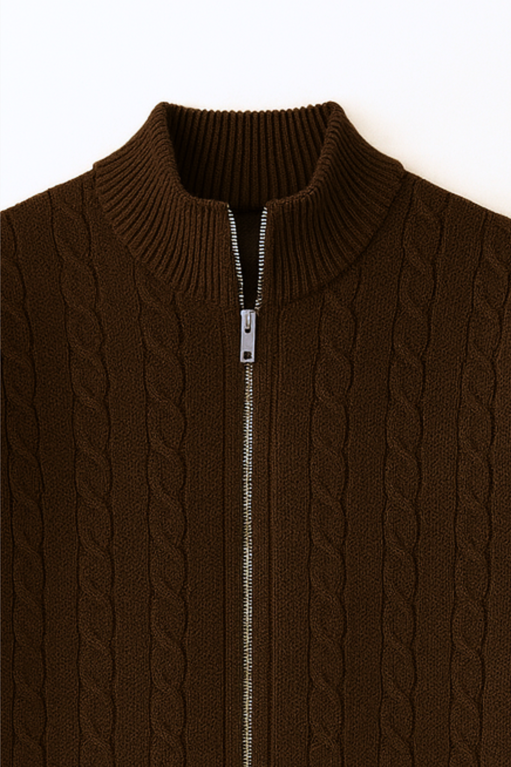 Cable Knit Wool Full Zip Sweater - British Tan