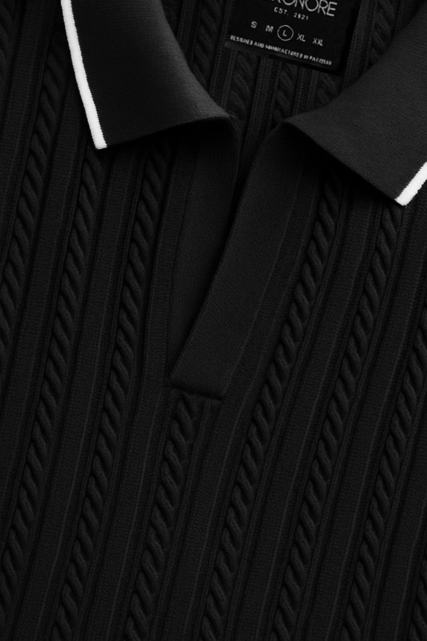 Cotton Cable Knit Polo - Midnight Black